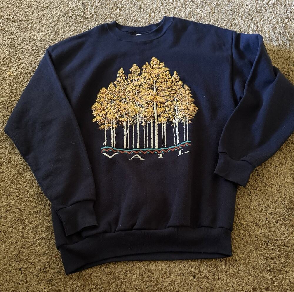 Vintage 90s Vail Colorado Fall Trees Puffy Graphic Navy Blue Crewneck Unisex L